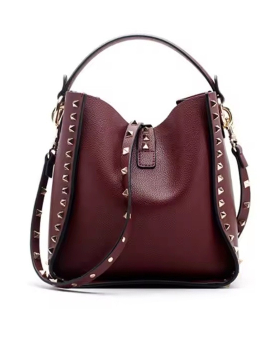 Studded Burgundy Leather Bucket Bag - Picture 3 of 16